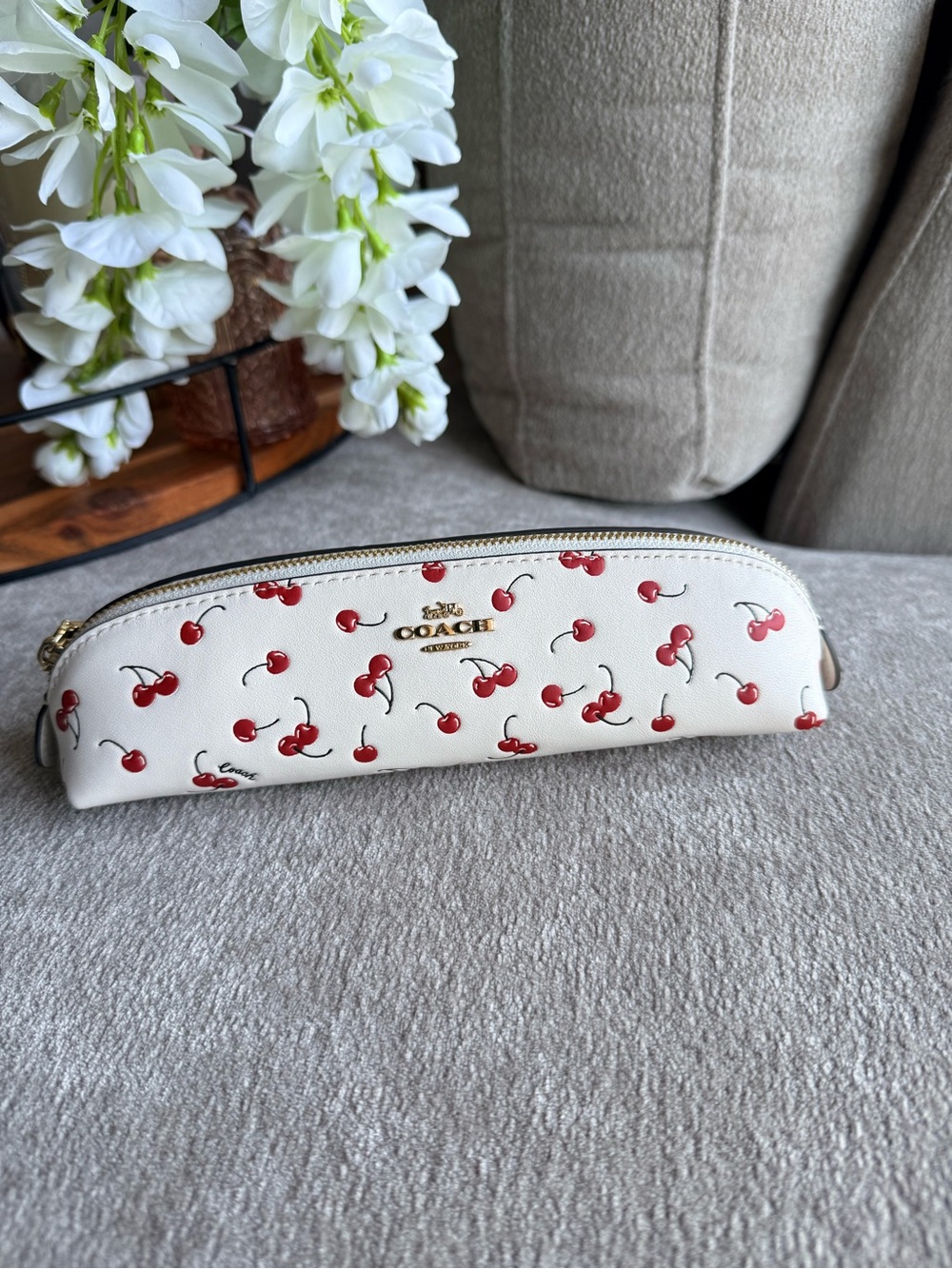 Coach White Cherry-Print Zip Pencil Pouch with Gold Logo NWT